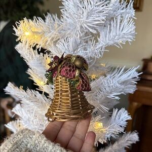 Gold Wicker Bell Ornament with Red Accents